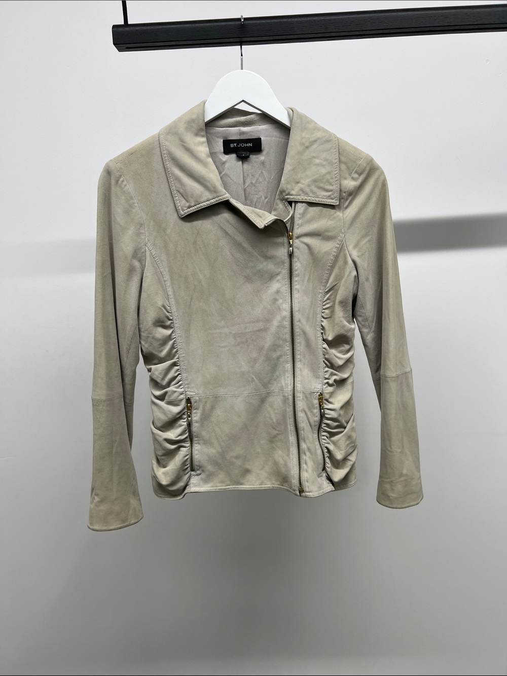 St. John Light Suede Asymmetrical Zip Jacket